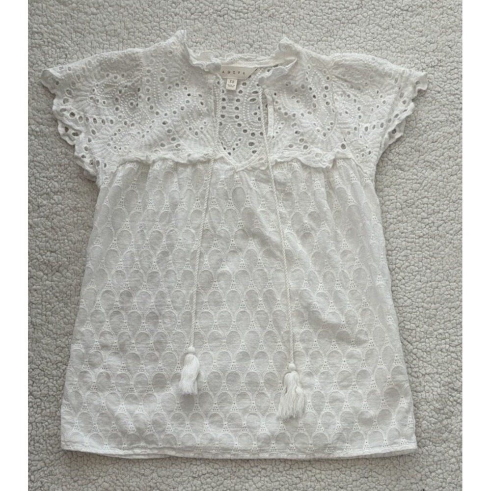 Womens White Eyelet Lace Boho Blouse Top Flutter Sleeve Tassel Tie Size XS